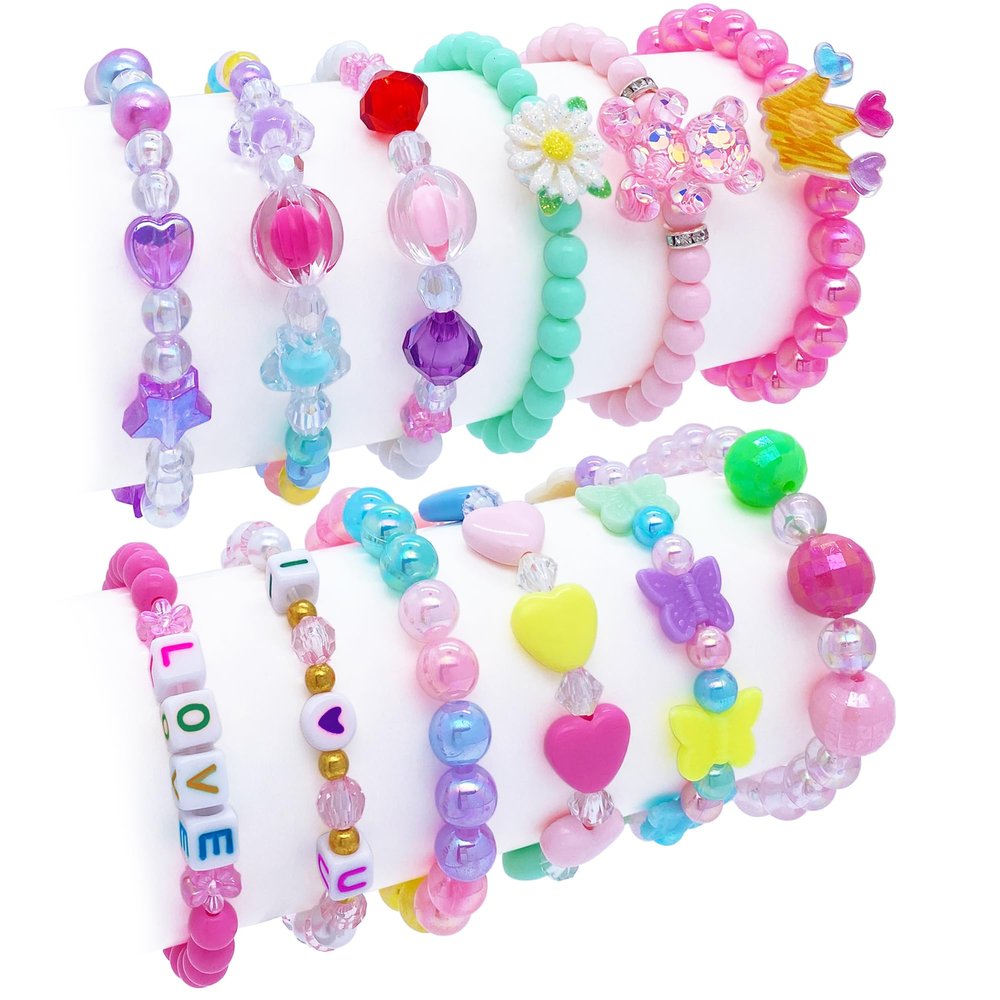 SIELEVIN 12 PCS Kids Bracelets for Girls Jewelry Little Girl Beaded Bracelets Flower Butterfly LOVE Letter Pink Princess Pretend Play Party Favor Easter Christmas Birthday Gift