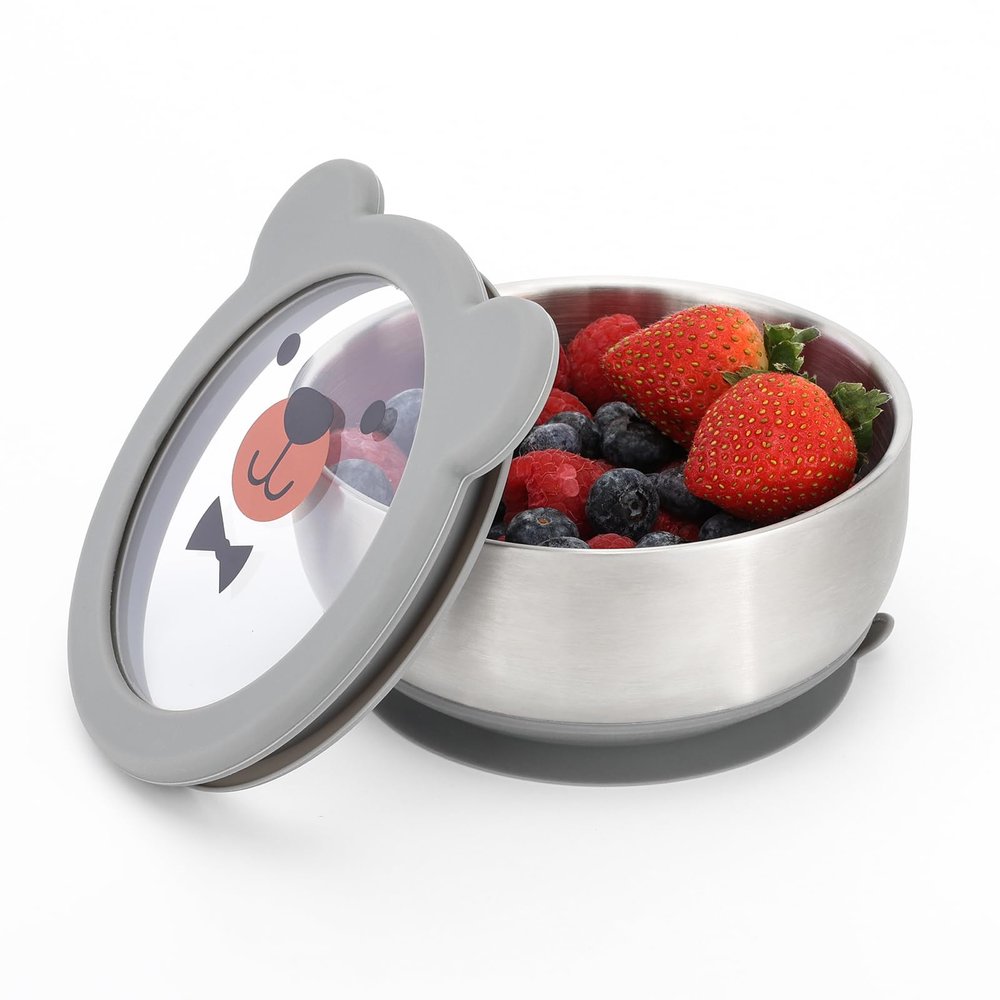 MR. CHOU Baby Bowls with Non-Slip Silicone Suction Cup, Insulated Double-Layer 18/8 Stainless Steel Toddler Bowls with BPA Free Airtight Lids, Food-Grade Silicone Safe for Kids (Gray)
