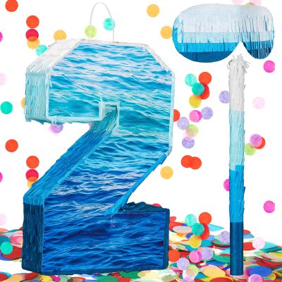 Motionchic Number 2 Piata Large Gradient Blue Piata with Stick Blindfold and Colorful Confetti Party 2nd Birthday Party Supplies for Boys Girls Kids Themed Anniversary Celebration Decoration