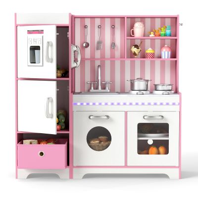Costzon Kids Kitchen Playset, Wooden Little Chef Pretend Play Kitchen with Deluxe LED Lights, Coffee Maker, Ice Maker, Microwave, Oven, Play Phone, Toddler Kitchen Toy Set for Boys & Girls 3+