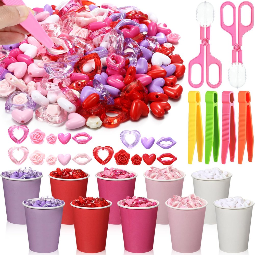 Arrowbash 230 Pcs Valentine Fine Motor Skills Sensory Bin Filler Includes 5 Style 214 Acrylic Gems 4 Tweezers 2 Scissors Clips 10 Cups for Early Education Sorting Counting Training Development