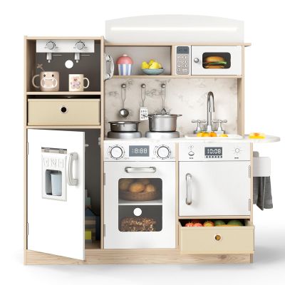 Costzon Kids Kitchen Playset, Wooden Little Chef Pretend Play Kitchen with Deluxe LED Lights, Ice Maker, Oven, Washing Machine, Play Phone, Toddler Kitchen Toy Set for Boys & Girls 3+