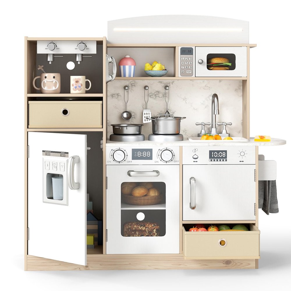 Costzon Kids Kitchen Playset, Wooden Little Chef Pretend Play Kitchen with Deluxe LED Lights, Ice Maker, Oven, Washing Machine, Play Phone, Toddler Kitchen Toy Set for Boys & Girls 3+