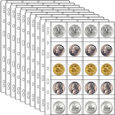10 Sheets Coin Collection Pages, Coins Pocket Page with 200 Pockets, Coin Binder Inserts Sleeves with Standard 9 Hole for Coin Album. Storage Holder for Currency, Stamp and Other Supplies (20-Pocket)