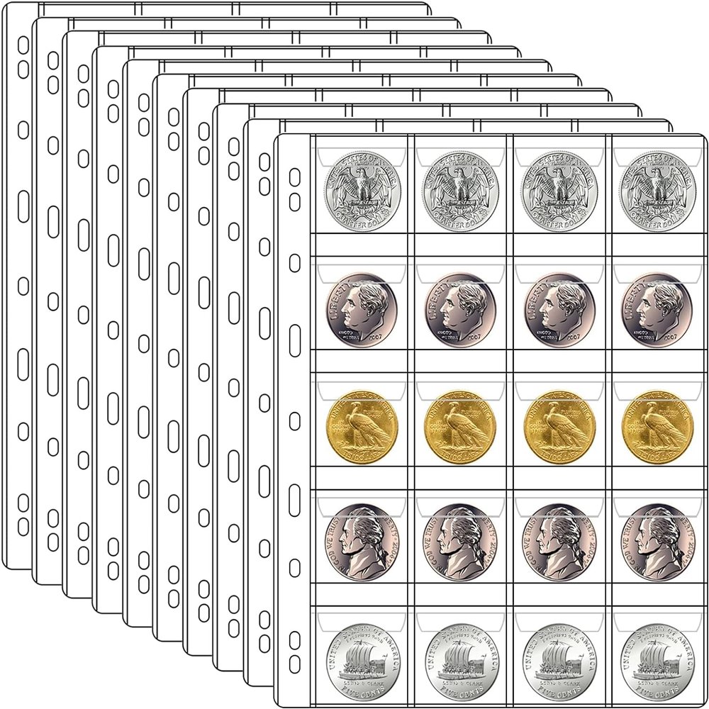 10 Sheets Coin Collection Pages, Coins Pocket Page with 200 Pockets, Coin Binder Inserts Sleeves with Standard 9 Hole for Coin Album. Storage Holder for Currency, Stamp and Other Supplies (20-Pocket)