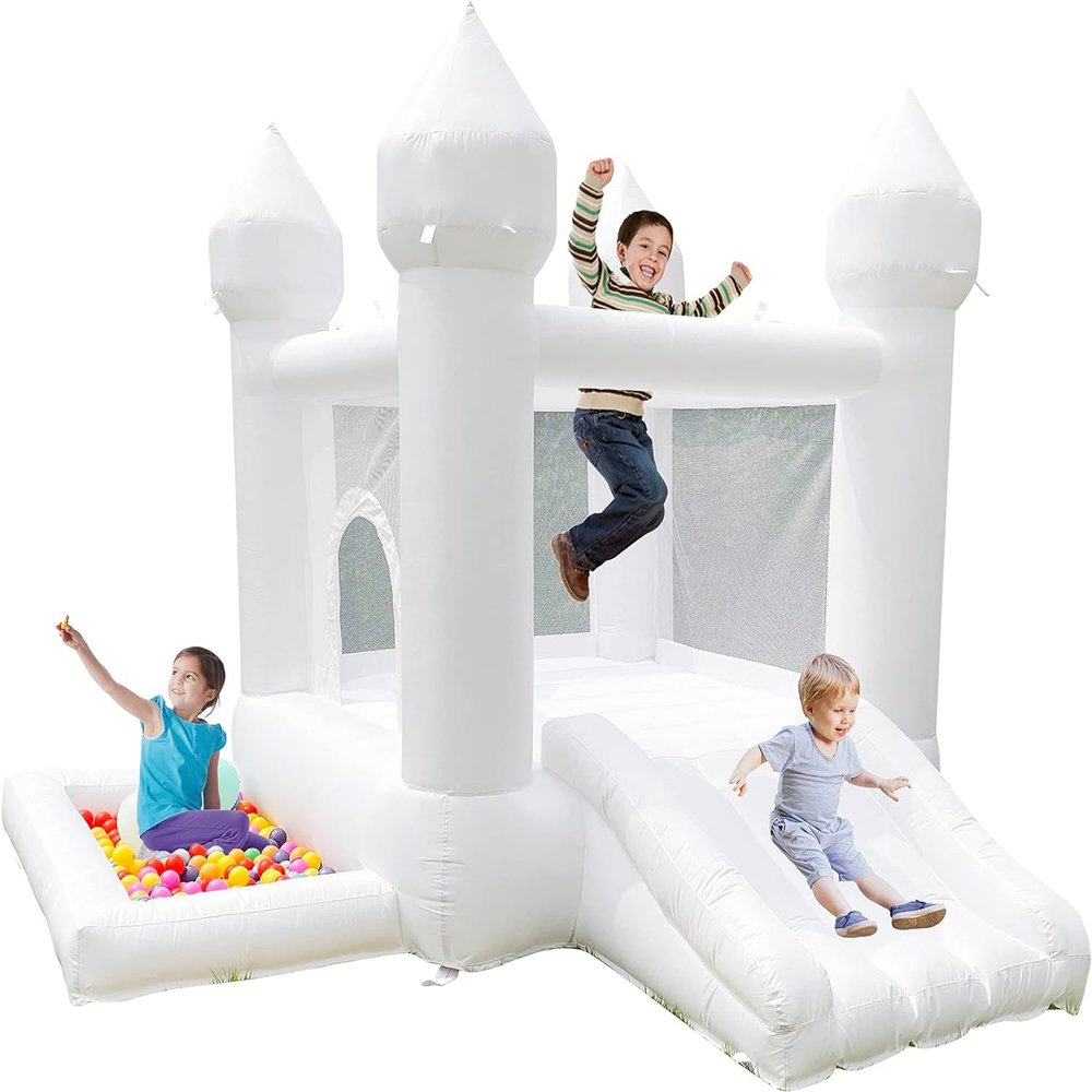 9ft White Inflatable House with Blower, Oxford Cloth Wedding Bounce House for Adults, Inflatable Trampoline with Slide & Ball Pitfor Kids (9FT)