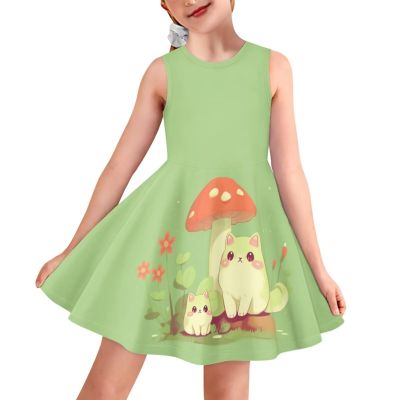 ZPINXIGN Kids Cute Clothes Cat Mushroom Dress for Girls 9-10 Summer Sleeveless Swing Dresses Kawaii Cat Outfits School Party Costume fot Toddler,Green