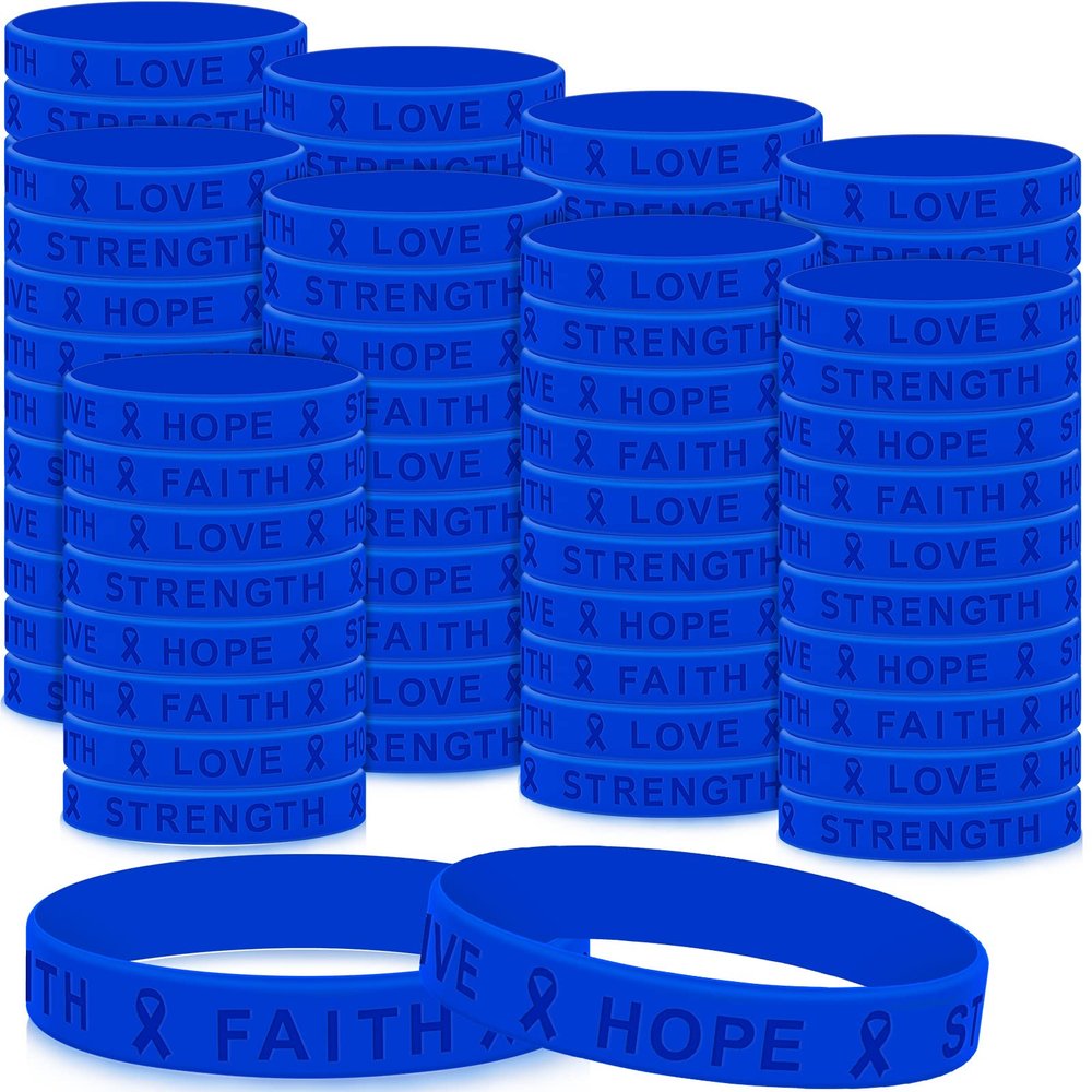 Bucherry 100 Pcs Child Abuse Awareness Colon Cancer Bracelets Bulk Blue Ribbon Awareness Bracelets Rubber Wristband Embossed Silicone Bracelet for Public Party Favors Girls Boys Child