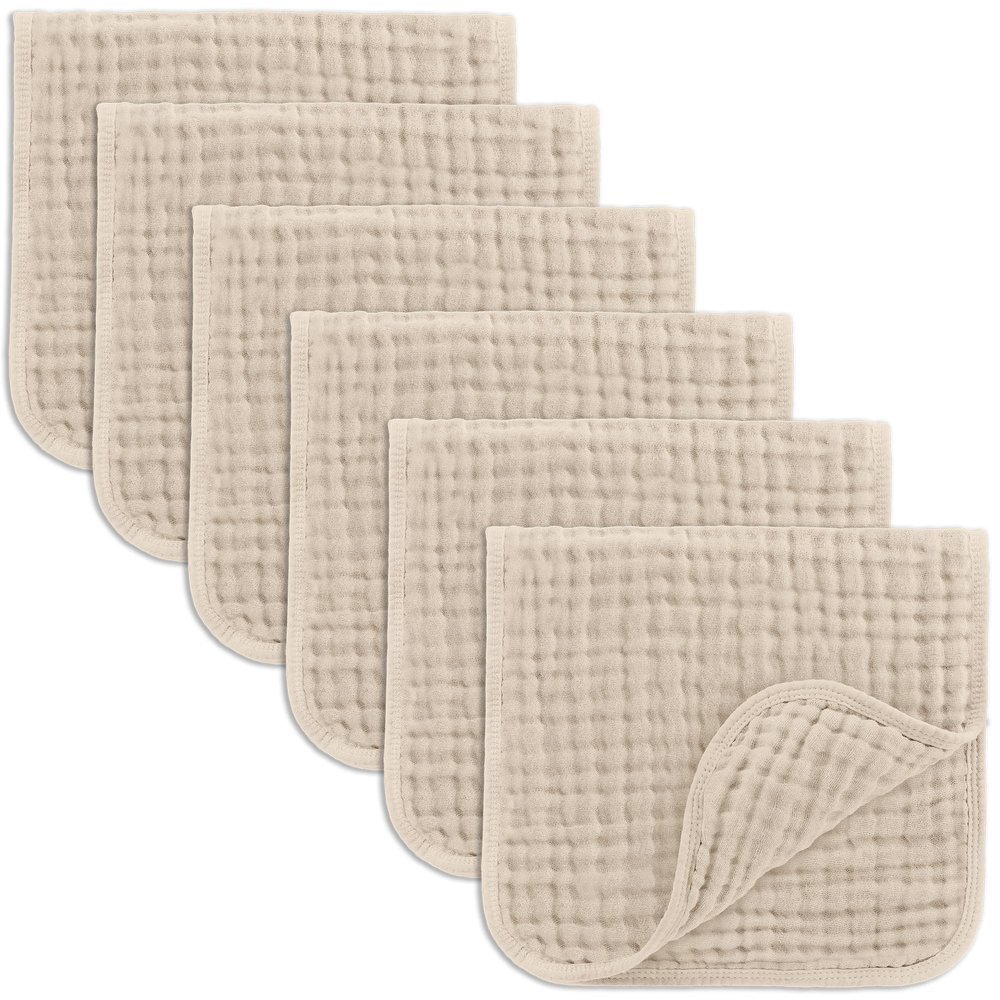 Comfy Cubs Muslin Burp Cloths 20" x 10", Pack of 6 - Large, 6-Layer, Ultra Absorbent 100% Cotton for Baby Drool and Messes - Soft, Safe & Gentle Baby Burp Cloths Set for Boys & Girls - Sand