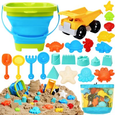 Sloosh Beach Sand Toys Set - Dump Truck Car Toy with Sand Molds for Toddlers Outdoor Play, Collapsible Foldable Buckets Mesh Bag Shovels Castle Animal Mold Sets, Kids Ages Sandbox Toys (Animals)