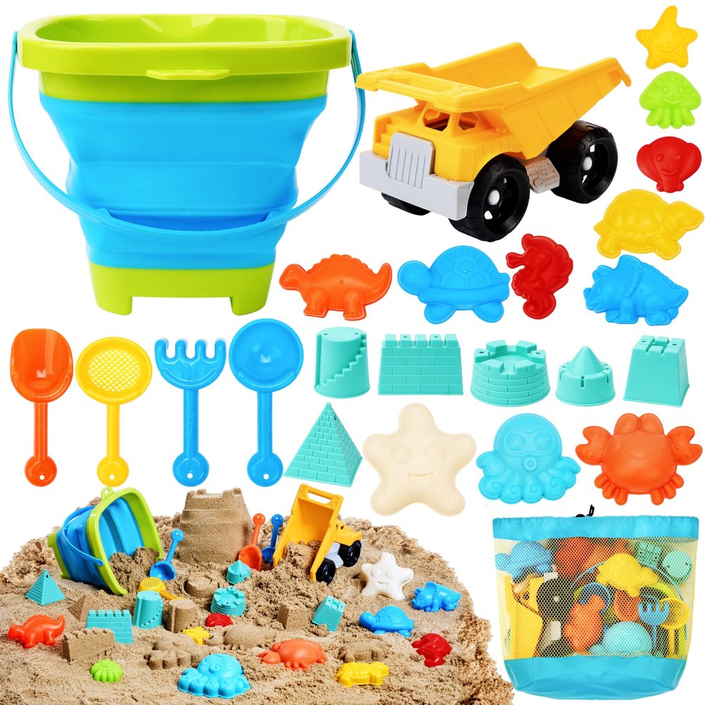 Sloosh Beach Sand Toys Set - Dump Truck Car Toy with Sand Molds for Toddlers Outdoor Play, Collapsible Foldable Buckets Mesh Bag Shovels Castle Animal Mold Sets, Kids Ages Sandbox Toys (Animals)