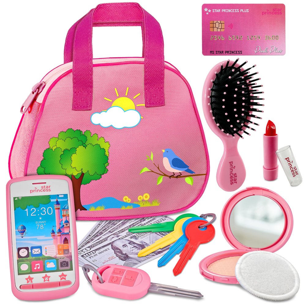 Toddler Play Purse for Kids with Accessories, Toys for Girls with Pretend Makeup, Keys, Smartphone, Dress Up Toy Purse for Toddlers and Kids - Birthday Gift for Little Toddler Girls Ages 3 4 5 6, Pink