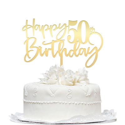 Happy 50th birthday cake Topper,Mirrored Gold Acrylic Durable Cake Topper,50th Birthday Party Cake Decorations,Hello 50th years old, fifty birthday Party Decorations