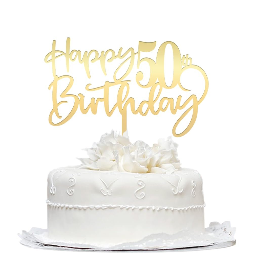 Happy 50th birthday cake Topper,Mirrored Gold Acrylic Durable Cake Topper,50th Birthday Party Cake Decorations,Hello 50th years old, fifty birthday Party Decorations