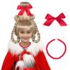 Koonfan Cindy Who Wig for Kids Girls Christmas Long Blonde Braids Hair with Red Bow and Necklace Cosplay Party Wigs view 1