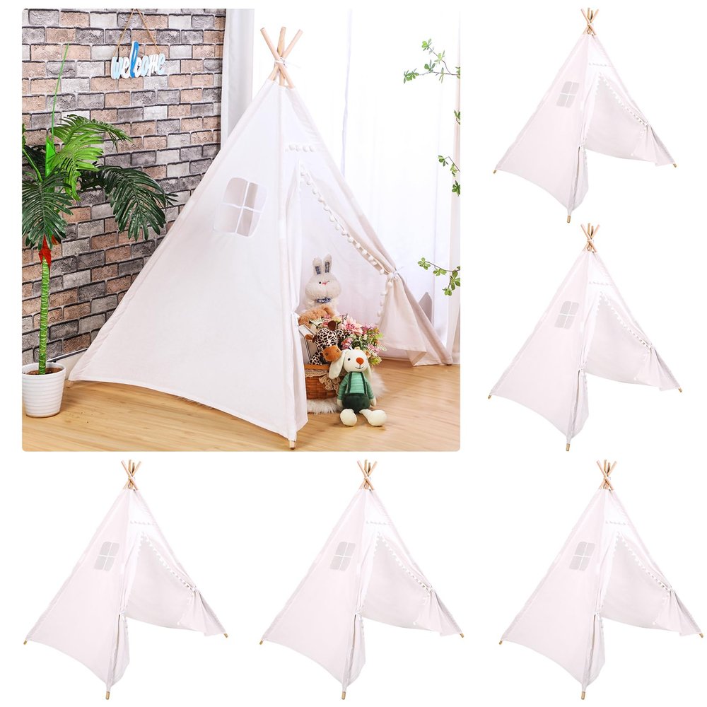 Windyun 6 Pcs Kids Teepee Tent Foldable Washable Indoor Outdoor for Boys Girls Toddler Boho Sleepovers Birthday Pajama Party Spa Supplies(63 Inch,White)
