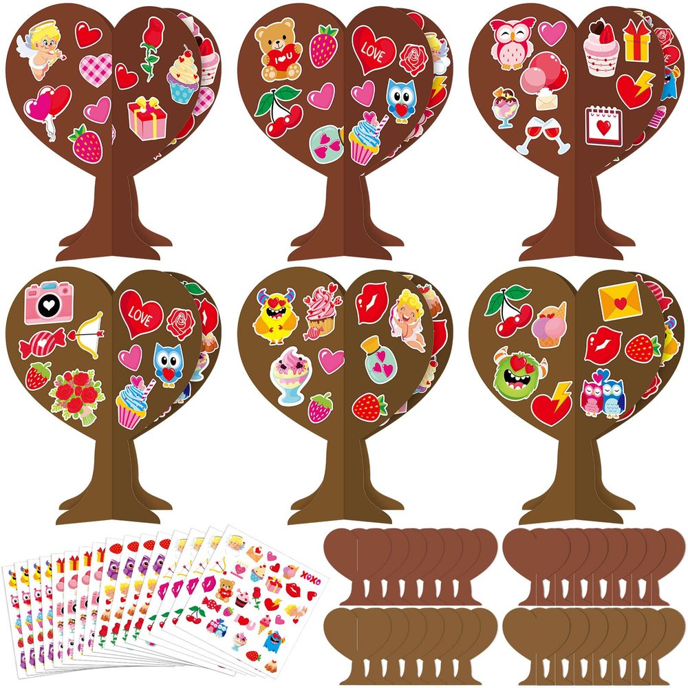1038pcs Valentines 3D Love Heart Tree Craft for Kids Valentine's Day DIY Heart-Shaped Art Craft Kits with 990Pcs Stickers for Classroom Home School Kindergarten Activity Decoration, 24 Sets