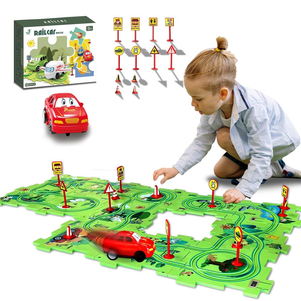 4 Year Old Boy Birthday Gift, Puzzle Racer Kids Car Track Set Puzzle Racer Car Track Set with Roadmap Puzzle Track Car Play Set Toys for 4 Year Old Boys (A-Land, Set1-25pcs)