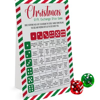 Exchange Dice Game, One Instruction Standing Sign with 2 Dice, Christmas Group Party Game, Xmas Gift Swap Game-SDGE01