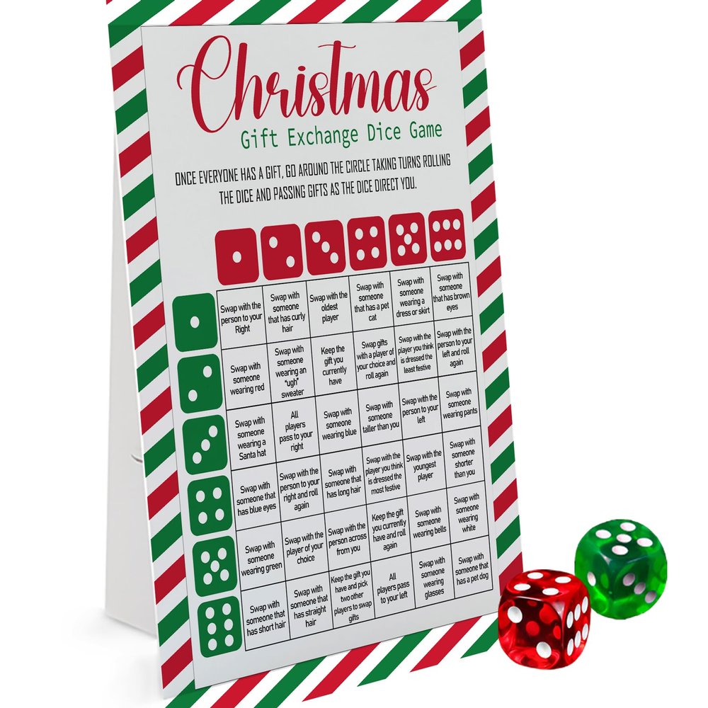 Exchange Dice Game, One Instruction Standing Sign with 2 Dice, Christmas Group Party Game, Xmas Gift Swap Game-SDGE01