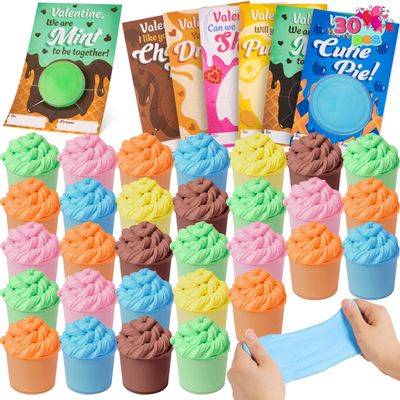 JOYIN 30 Packs Valentines Day Cards with Butter Slime, 6 Colors Slime Party Favors, Stress Relief Fidget Toys and Gift Cards for Kids Valentine's Day Classroom Exchange Prizes