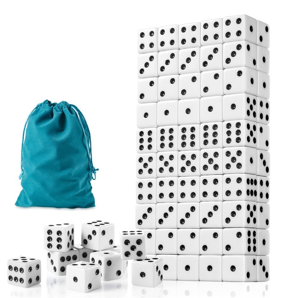 100 Pieces Dice Set, 16MM Standard Game White Dices, Opaque Six Sided Dice with Pouch, Black Dot Bulk White Dice for Group Event, Board Games, Classroom Math