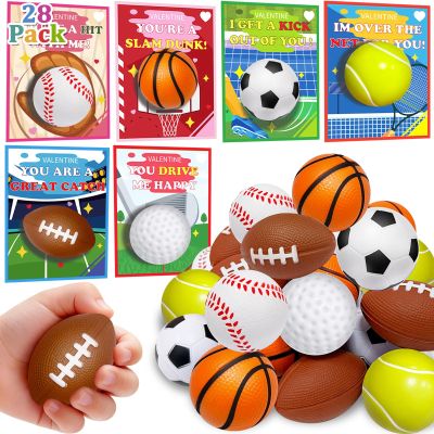 28 Pack Valentines Day Gifts for Kids - Sports Stress Balls with Valentines Day Cards for Kids School,Soccer Football Squeeze Fidget Relief Toys for Teens Boys Girls Class Exchange Prizes Party Favors