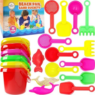 The Dreidel Company Mini Beach Day Playsets, 3.25" Sand Bucket Play Set Box Includes, Pail, Shovel, Rake, Sifter Scoop, Dolphin Fish Sand Trays Toy for Boys and Girls Birthday Party Favor (144-Pack)