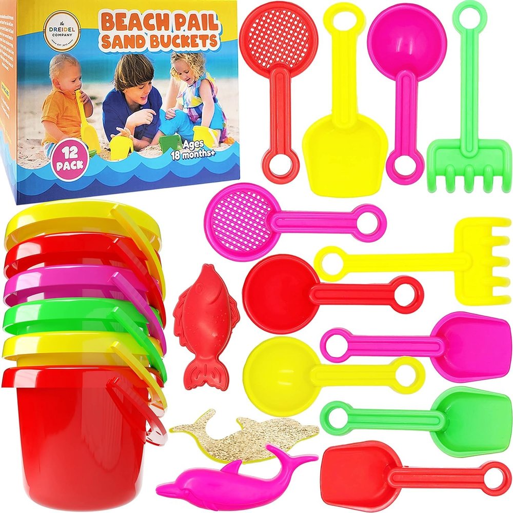 The Dreidel Company Mini Beach Day Playsets, 3.25" Sand Bucket Play Set Box Includes, Pail, Shovel, Rake, Sifter Scoop, Dolphin Fish Sand Trays Toy for Boys and Girls Birthday Party Favor (144-Pack)
