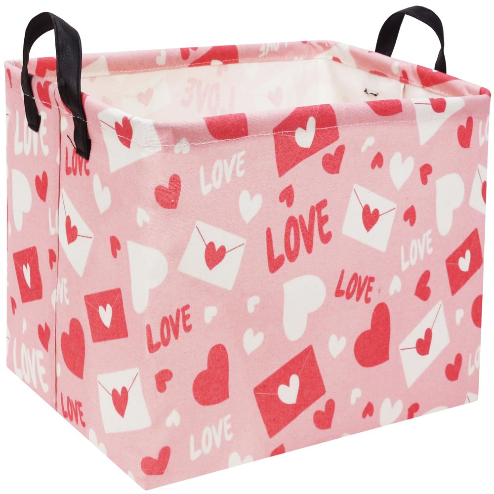 TIBAOLOVER Rectangular Pink Basket Heart Basket Baby Girls Basket Valentines Gift Basket Cute Kids Toy Storage Bin Organizer Shelf Book Basket Love Room Decor(Valentines Basket)