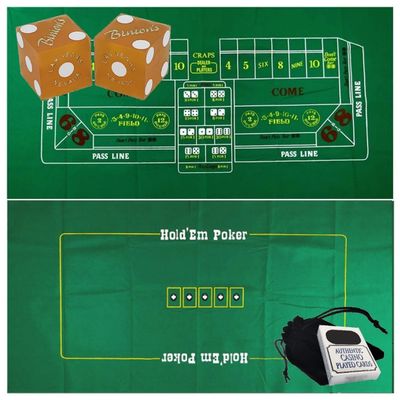 Craps & Texas Hold'em Poker 2-Sided Felt Layout + Genuine Binion's Craps Dice Yellow Frosted + Genuine Las Vegas Playing Cards Bundle