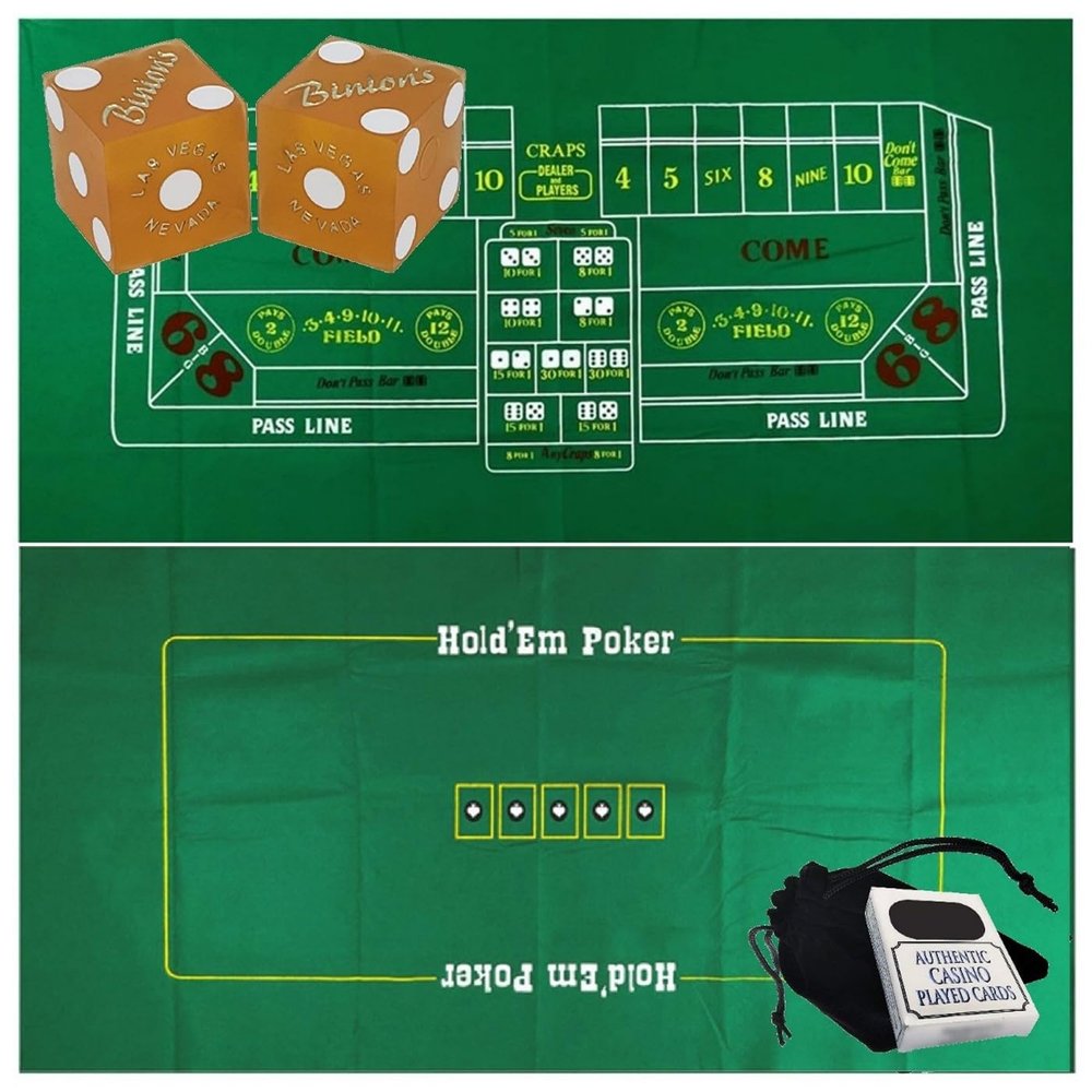 Craps & Texas Hold'em Poker 2-Sided Felt Layout + Genuine Binion's Craps Dice Yellow Frosted + Genuine Las Vegas Playing Cards Bundle