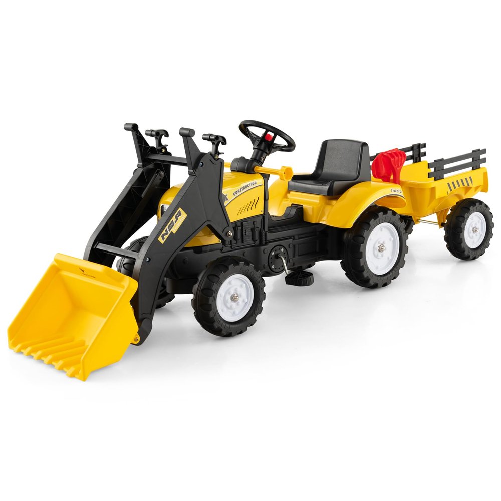 Olakids Kids Ride on Excavator, Pedal Digger Car Bulldozer with Manual Control Bucket, Detachable Cargo Trailer, Shovel, Rake, 6 Wheels, Horn, Construction Tractor for Toddlers 3+