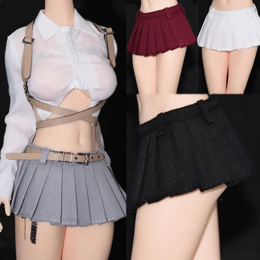 Fremego 1/6 Scale Female Clothes,Female White Shirt Miniskirt Short Dress Outfit Clothing for 12inch PH TBL JO UD Action Figure Body (1pc Red Wine Short Skirt)
