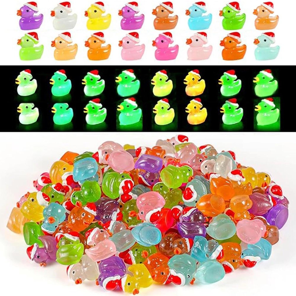 160Pcs Christmas Mini Resin Ducks Luminous Miniature Xmas Hat Animals Glow in The Dark Bulk for Micro Fairy Garden Dollhouse Decor Small Party DIY Slime Kit Prank Game Tiny Figure