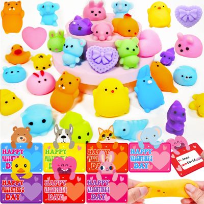 28 Pack Valentines Day Gifts Animals Mochi Squishies Toys with Valentines Cards for Kids School, Squeeze Toys Stress Relief Fidget Toys for Toddlers Classroom Exchange Prizes Valentines Party Favors