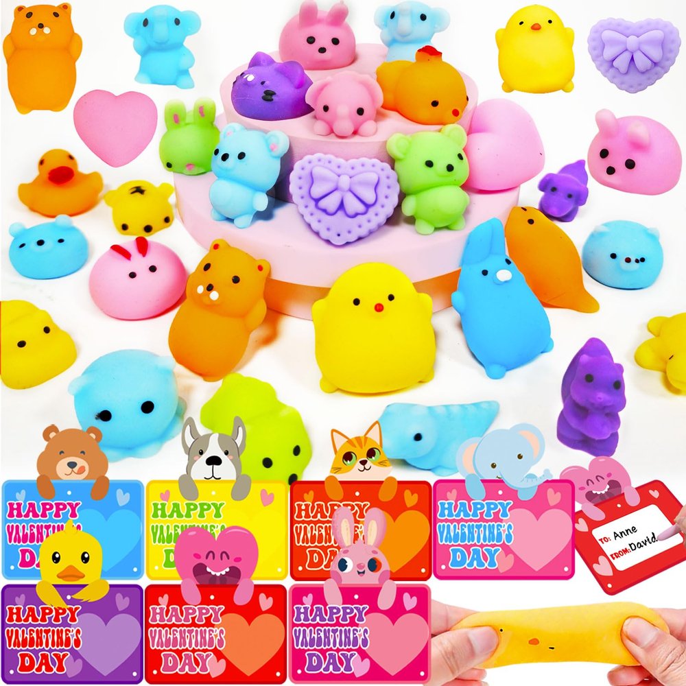 28 Pack Valentines Day Gifts Animals Mochi Squishies Toys with Valentines Cards for Kids School, Squeeze Toys Stress Relief Fidget Toys for Toddlers Classroom Exchange Prizes Valentines Party Favors