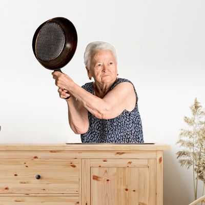 Funny Wall Decal Old Lady With Pan - Peel and Stick Removable Art Sticker Granny Poster Mural for Bedroom Kitchen Dining Room Dorm - Weird Stuff Funny Gifts for Friends (26" x 22")