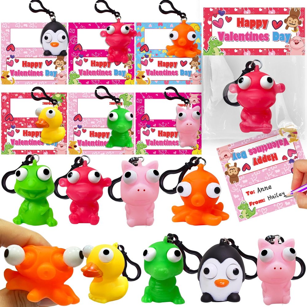Valentines Day Gifts for Kids 28 Pack Valentines Cards with Squeeze Animals with Popping Eyes Keychains Bulk, Sensory Fidget Toys for Boys Girls Classroom Exchange Prizes School Activities Party Favor