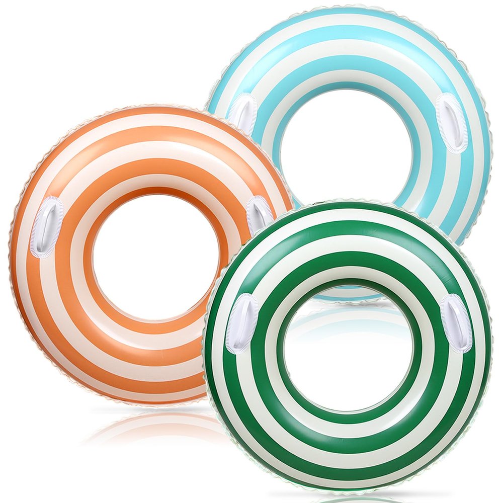 Whaline 3Pcs Pool Tube with Handles Retro Orange Green Blue Striped Swim Pool Rings Inflatable Float Loungers Tube for Summer Swimming Pool Beach Bachelorette Party, 30 x 14 Inch