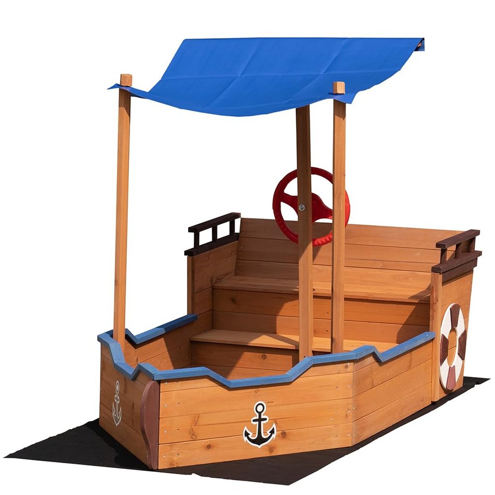 AMZOSS Kids Large Wooden Sandbox, Pirate Sandpit w/Bench Seat, Storage Space, Ground Liner, Realistic Flag Rudder Buoy, Outdoor Play Sand Box for Backyard, Home, Lawn, Garden