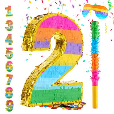 MUWOOB Rainbow Number 2 Pinata for 2nd Birthday Party Decorations, Birthday Pinata with Stick Blindfold and Confetti, Kids Anniversary Celebration, Fiesta (Small, 16.5x 11.5 x 3 In)