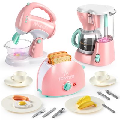 Joyin Play Kitchen Toys, Pretend Food Kitchen Accessories Girls Toy with Coffee Maker, Mixer, Toaster with Realistic Lights& Sounds, Birthday Gift for Kids, Easter Basket Stuffers