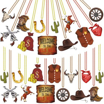 Ecation 48 Pcs Western Bead Necklaces Bulk First Rodeo Beaded Necklaces Wild West Party Favors for Adults Western Birthday Activities Supplies, 12 Style