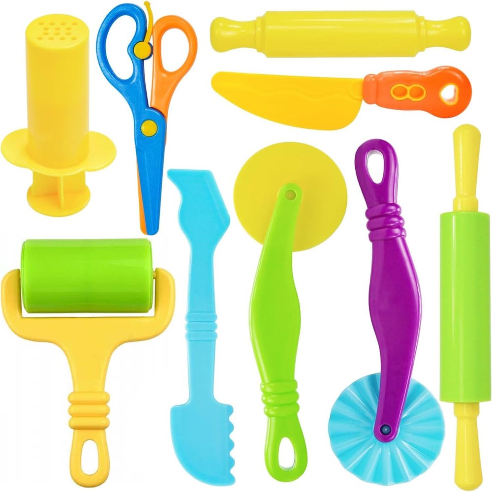 Decebaya Dough Tool Set for Kid, 9 Pcs Dough Tools Accessories for Kids Ages 2-4-8, Includes Cutters Roller, Rolling Pins, Scissors, Plastic Knife