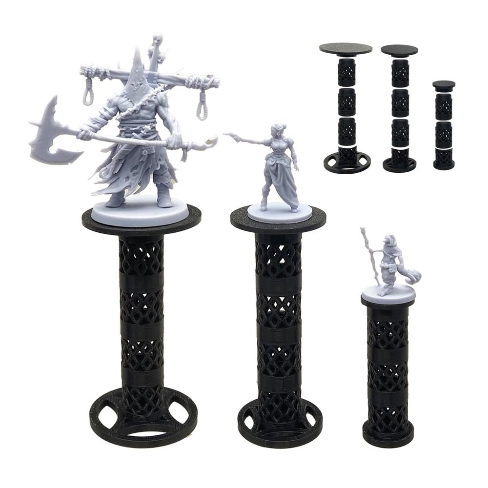 Lixusia Combat Risers for Flying Miniatures, DND TRPG Terrain Flight Stands, Raised Platforms, 8 Adjustable Tiers with 3 Stands and Bases, Obsidian Black