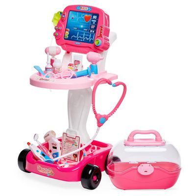 Best Choice Products Play Doctor Kit for Kids, Pretend Medical Station Set for Boys & Girls with Carrying Case, 17 Accessories Mobile Cart, LED EKG, Thermometer, Stethoscope, Pulse Machine - Pink