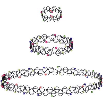 EXPRESSIONS 3pc Assorted Tattoo Stretch Jewelry Collection - Tattoo Choker Necklace, Bracelet & Ring Set - Stretchy Tattoo Effect Jewelry Accessories For Kids And Adults
