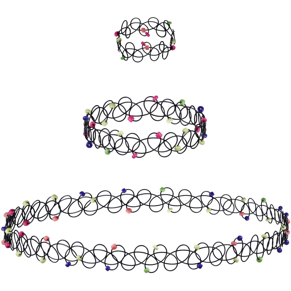 EXPRESSIONS 3pc Assorted Tattoo Stretch Jewelry Collection - Tattoo Choker Necklace, Bracelet & Ring Set - Stretchy Tattoo Effect Jewelry Accessories For Kids And Adults