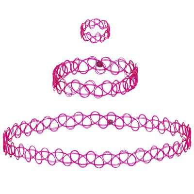 EXPRESSIONS 3pc Assorted Tattoo Stretch Jewelry Collection - PInk Tattoo Choker Necklace, Bracelet & Ring Set - Stretchy Tattoo Effect Jewelry Accessories For Kids And Adults